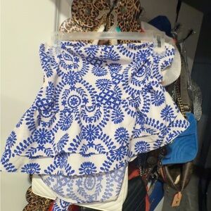 Blue and White Patterned Strapless Top
